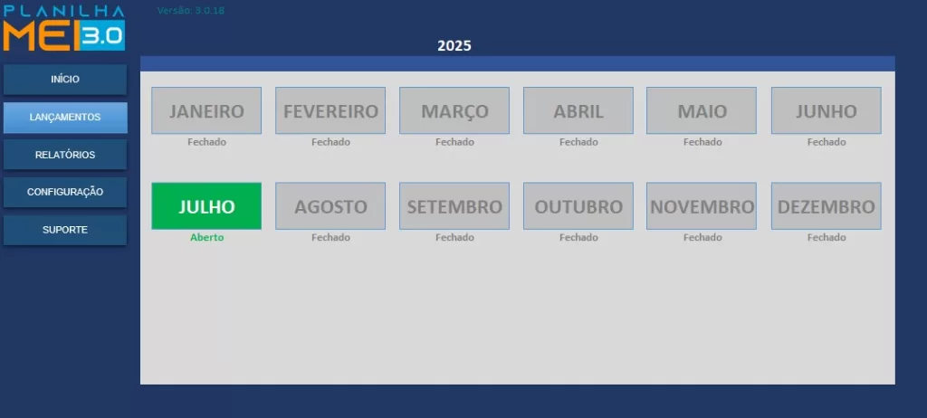 Planilha do MEI: Aba de lançamentos - Nela você escolhe o mês em vigência para os registros das receitas brutas.