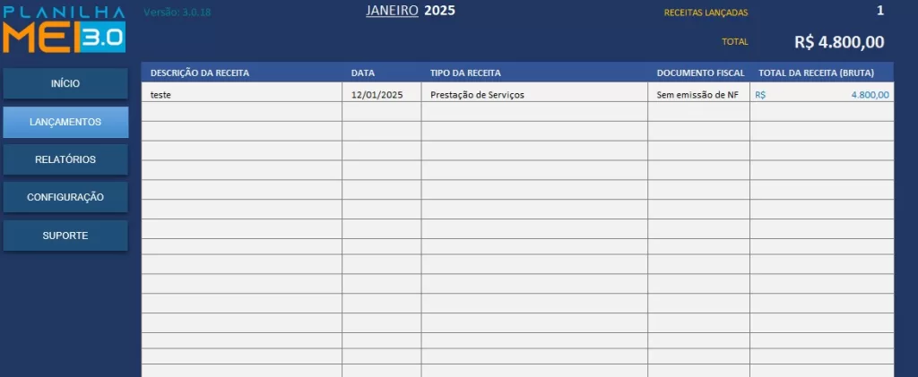 Planilha do MEI - Aba do mês em vigência para os lançamentos das receitas brutas. 