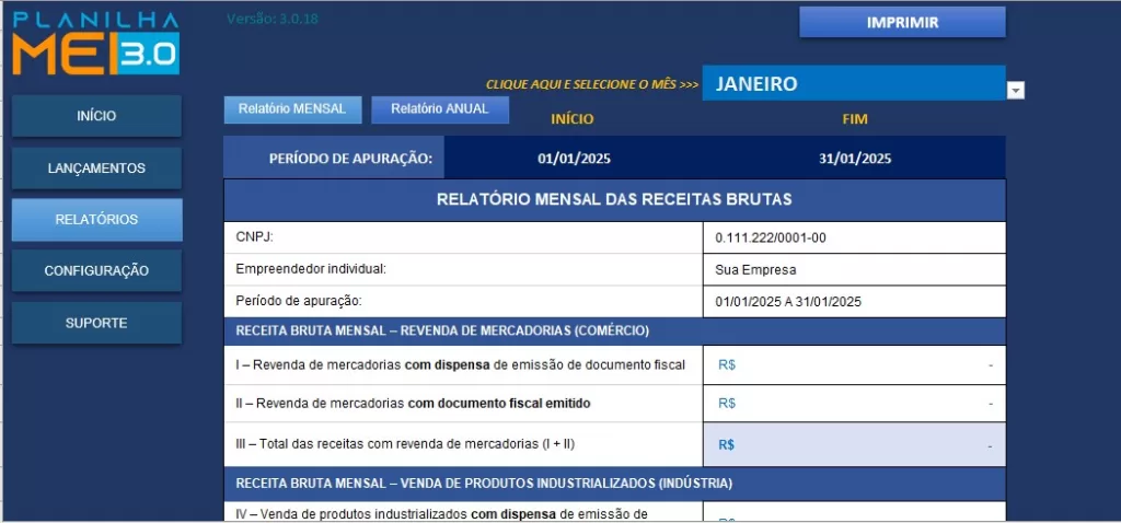 Planilha do MEI - Aba de Relatório mensal/anual das receitas brutas 